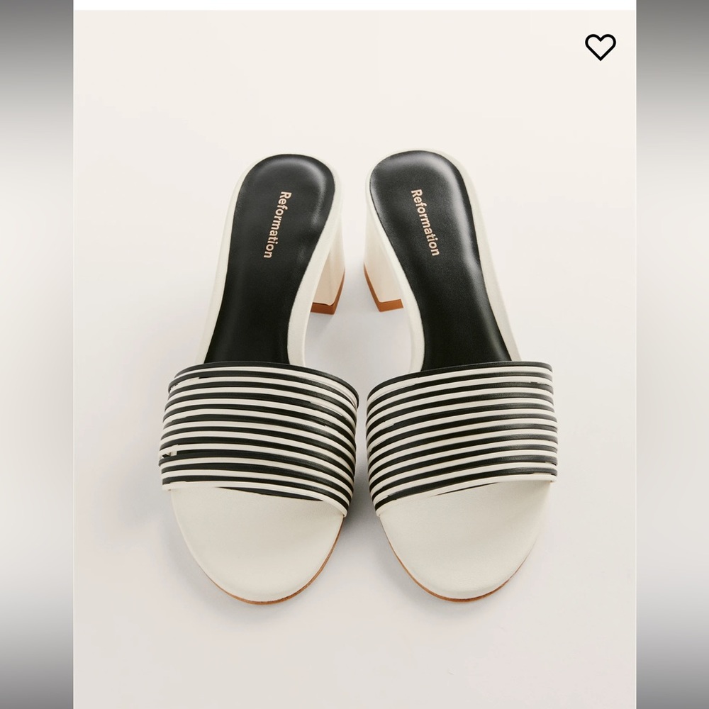 Reformation White and Black Striped Slide Sandals